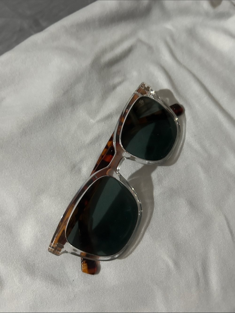 Clear Frame Sunglasses with Tortoiseshell Temples - Dark Green Lenses